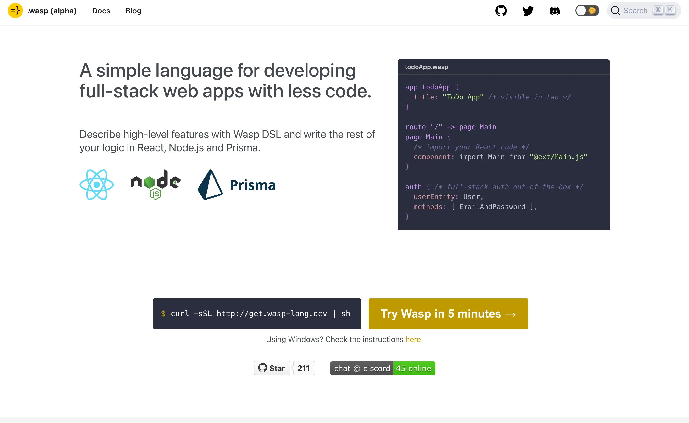 Wasp's first proper landing page from the Alpha launch in March 2021
